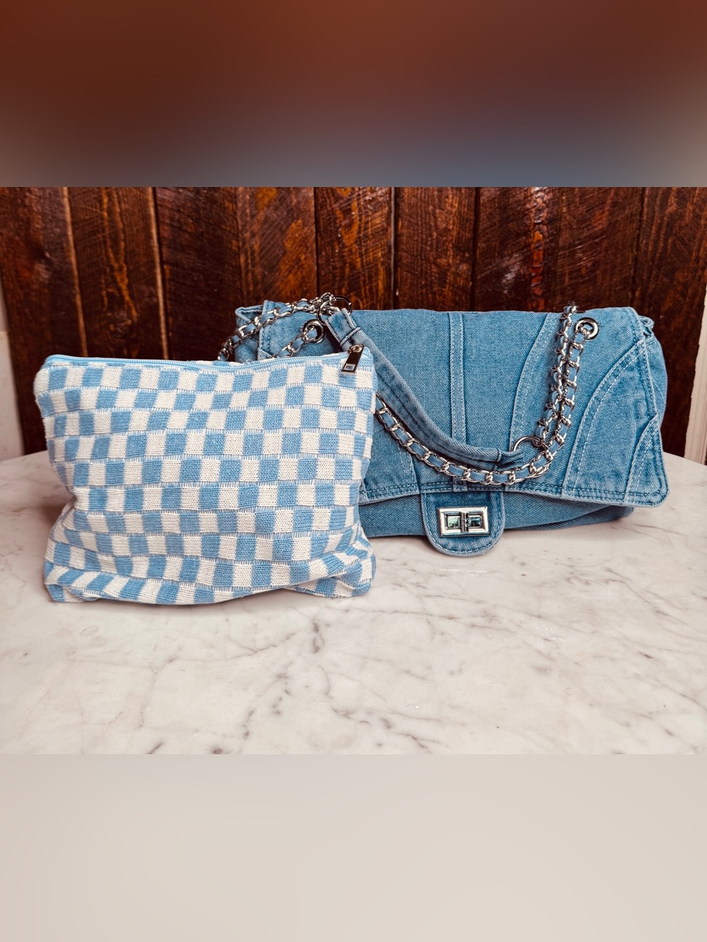 Blue Denim Chain Shoulder Bag with Checked Pouch